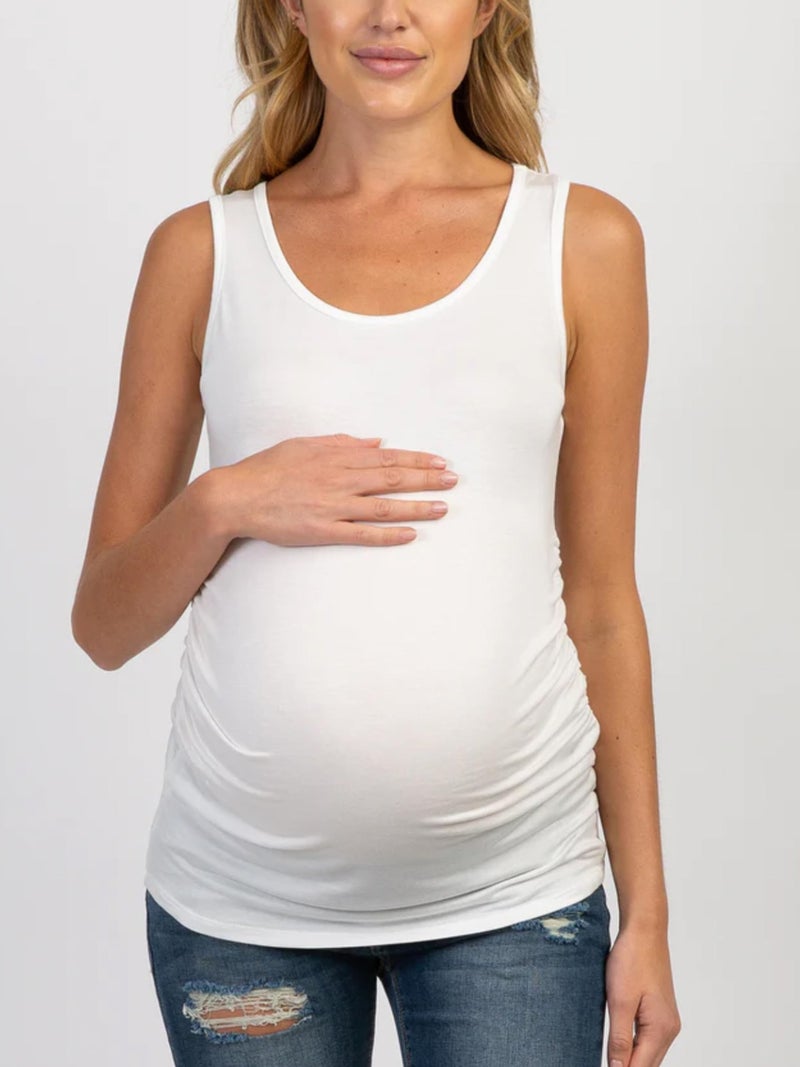 Ecavus 3PCS Womens Layering Maternity Tank Top Pregnancy Shirt Scoop Neck Sleeveless Ruched Vest (L, Black/White/Grey) - Image 2